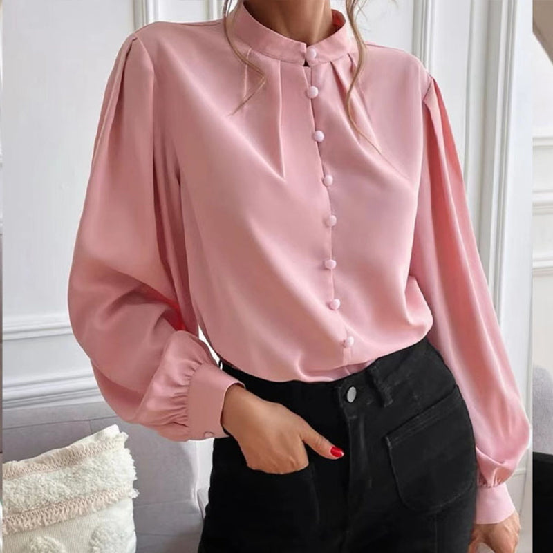 Chemise Boutonnée à Col Montant et Manches Longues