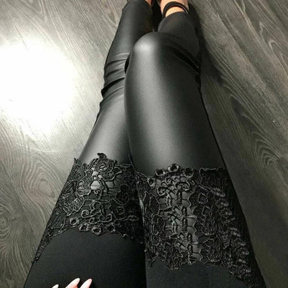 Pantalon Skinny Fit en Cuir avec Dentelle pour Femmes