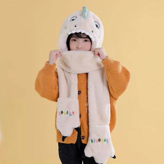 Enfant en bas âge enfants dessin animé dinosaure polaire en peluche chapeau gants écharpe 3 en 1 ensemble