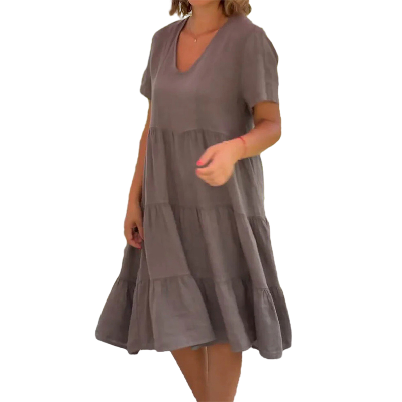 Robe unie en coton lin avec décolleté en V