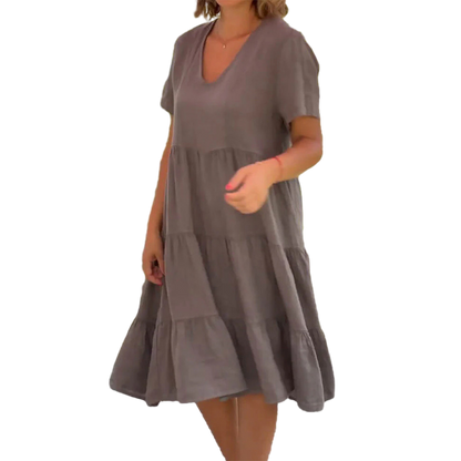 Robe unie en coton lin avec décolleté en V