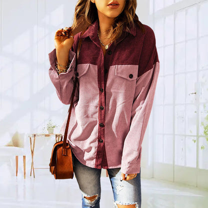 Veste de chemise décontractée à revers lâche colorblock pour dames