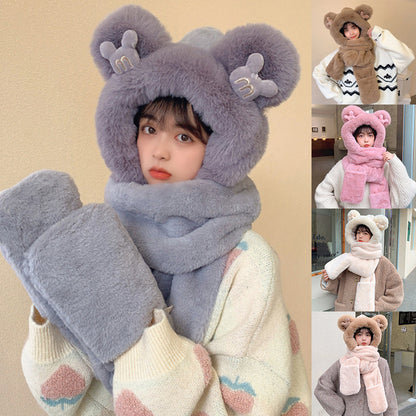 Ensemble bonnet/écharpe/gants ours chaud pour femme