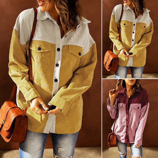 Veste de chemise décontractée à revers lâche colorblock pour dames