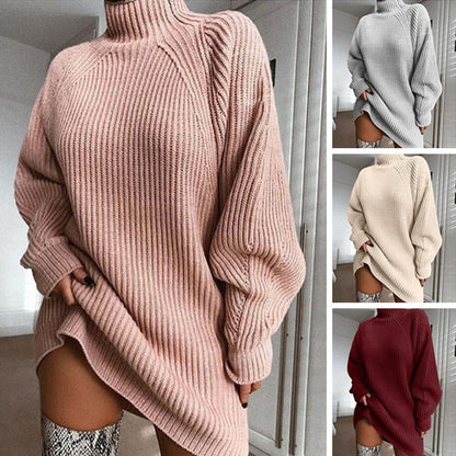 Robe Pull en Coton à Col Roulé et Manches Raglan