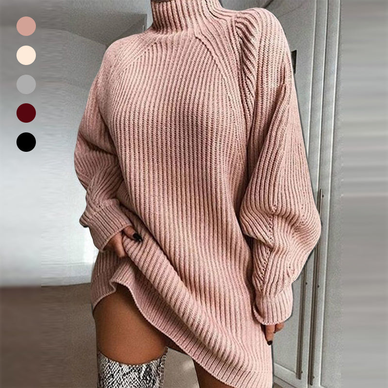 Robe Pull en Coton à Col Roulé et Manches Raglan