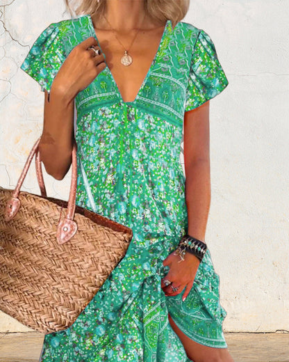 Robe manches courtes col V imprimée