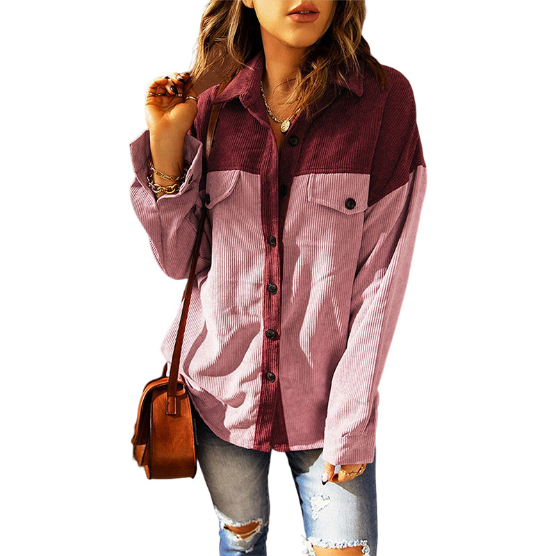 Veste de chemise décontractée à revers lâche colorblock pour dames